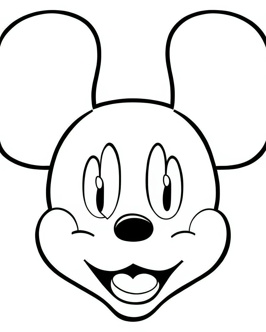 outline art for Mickey Mouse face coloring page, Japanese manga style, cartoon style, cute face, white background sketch style, full body is a must, only use outline, clean line art, no shadow, bold outline