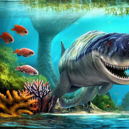 beautiful, stunning photorealistic mosasaurus swimming underwater with coral reefs, plants, murky water, julius csotony, eleanor kish, davide bonadonna, fabio pastor, paleoart, photorealistic, illustrative, digital art, 8k resolution, detailed matte, painting, artwork, masterpiece, jurrasic park