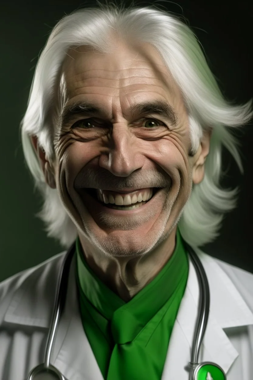 plauge doctor with silver hair and bright green eyes smiling with sharp teeth