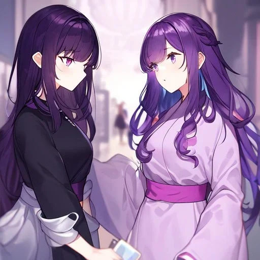 Clear focus, High resolution, Rough line, dark purple hair, one side has long wavy locks while the other does not, purple eyes with pink at the bottom, light purple shirt, sleeve_1-short sleeved, sleeve_2-long sleeve, sleeve_2 has black long sleeve under sleeve_2, wearing a kimono with a red obi belt, wearing a light purple short skirt and long black socks, and red sandles