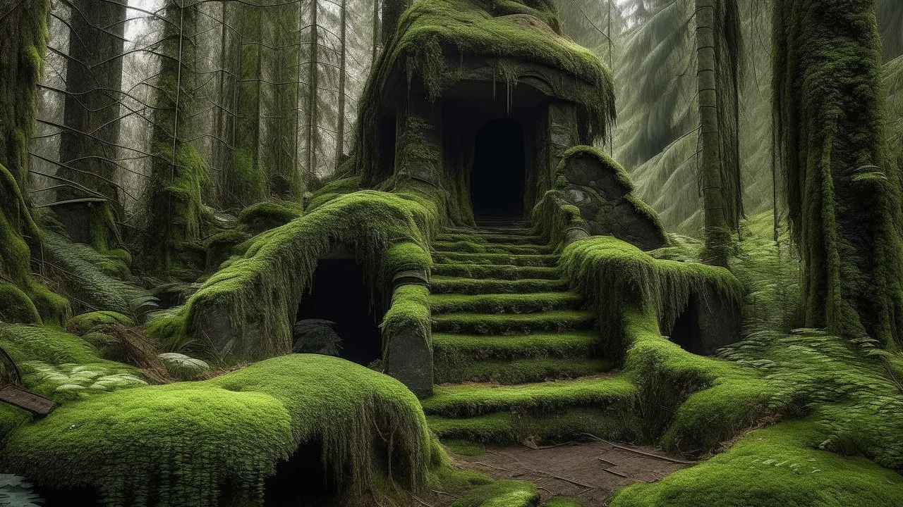 A image of a large, rocky outcrop with a staircase leading up to it. The staircase is made of stone and is partially covered in moss or vegetation. The background features a dense forest with tall trees. The overall scene has a moody, atmospheric quality