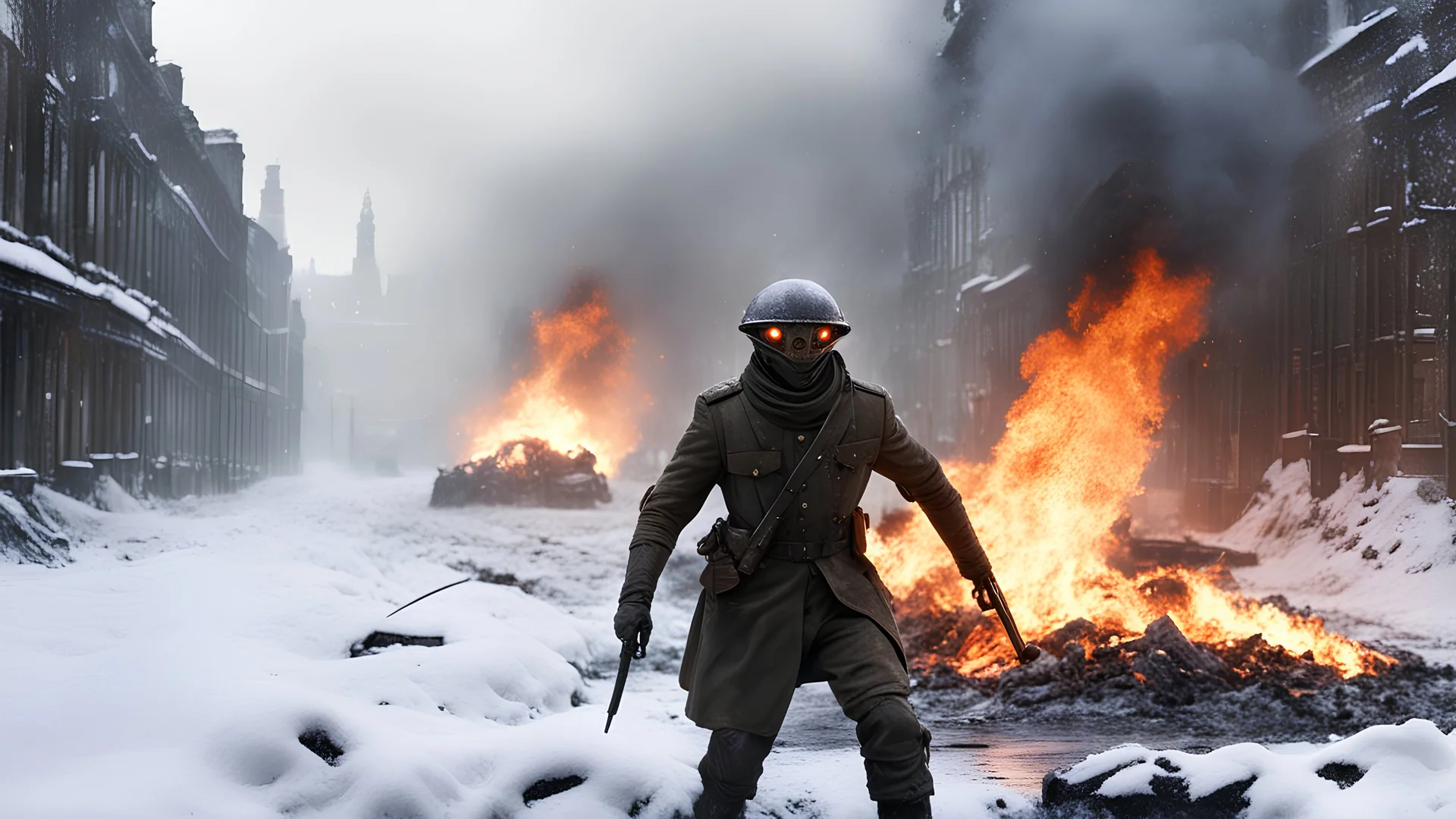 aLIEN CREATURE, HALF ORGANIC, HALF futuristic machine attacking British soldier WORLD WAR ONE, CORPSE, BURNING, UNIFORM, a snowy london street 1898, the snow, SNOW ON THE GROUND, BURNING DEBRI LIES ALL AROUND, PHOTO REALISTIC, EPIC, CINEMATIC