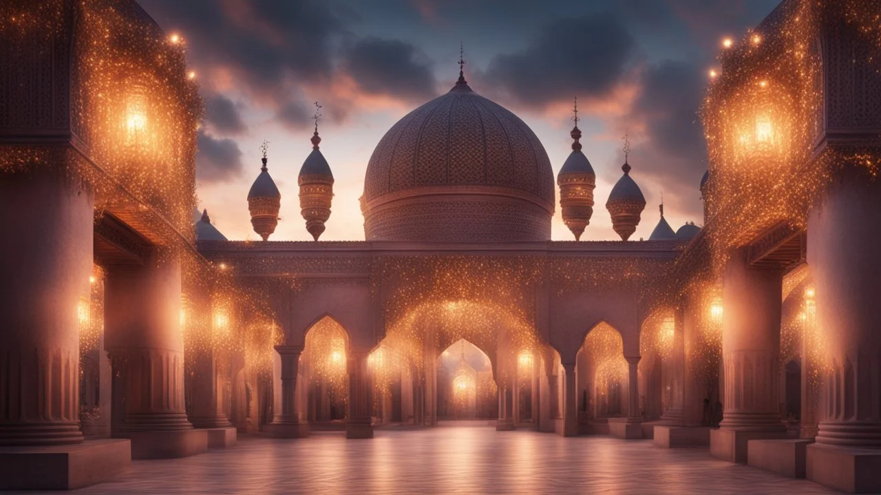 Hyper Realistic Photographic-View of Beautiful Moorish Architecture decorated with garland-lights-&-lamps at cloudy sunset showing dramatic & cinematic ambiance