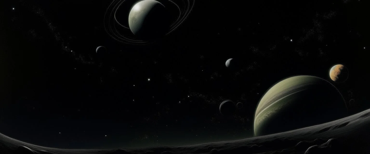 A black outer space with warped planets painted by Caspar David Friedrich