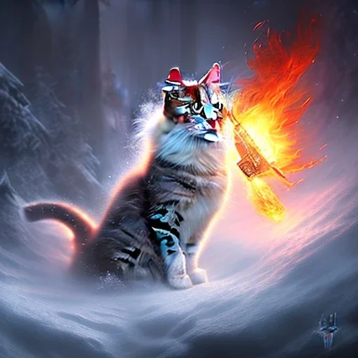 romantic fantasy spray painting, william Turner,snow boarding cat, big jump fire explosion