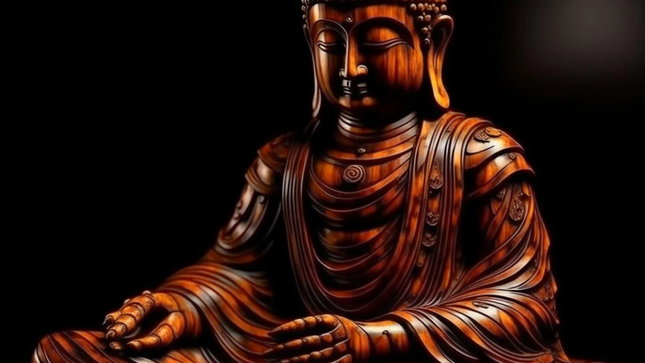 Buddha made of lacquered polished walnut burl and Mahogany, full object, dynamic contrast, depth mapped