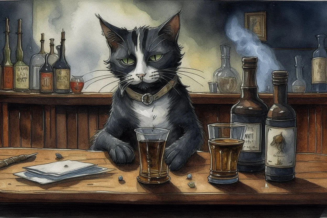 childrens book illustration, macskássy izolda, a frightened looking black and white cat with a cigarette in his mouth, a glass of whiskey in his hand, looking just at us in a smoky pub, van eyck, painted on rough canvas with exaggerated lines, sharp brushstrokes, dripping, plastic paint watercolor and ink, oil on canvas jean baptiste monge