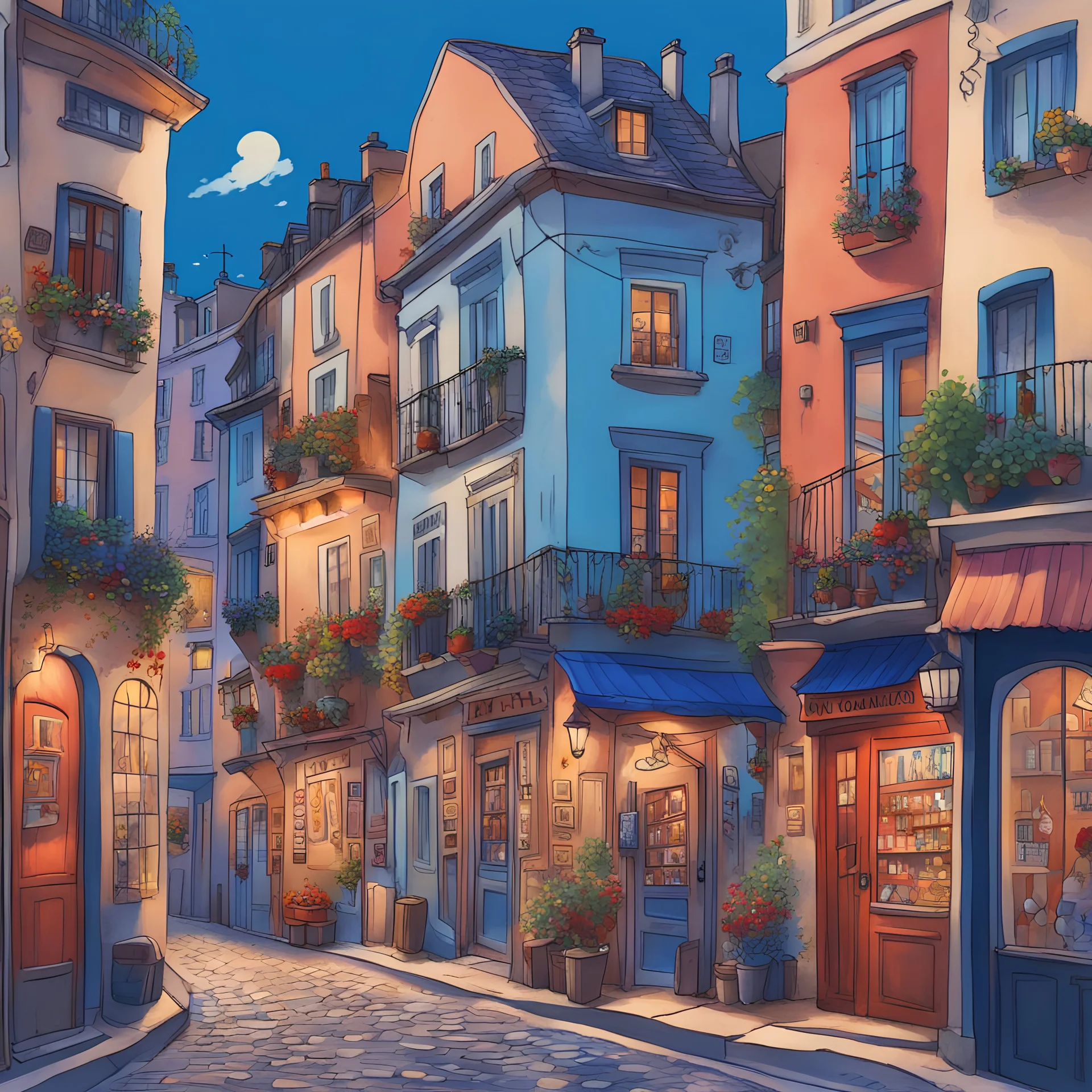 A low-light cartoon-style illustration depicting the bohemian retreats in the heart of Montmartre. The image is filled with quaint, artsy shops and artist studios tucked into winding, cobblestone streets. Each colorful building and shop front sports intriguing hues, suggesting hidden stories. The vibrant cobalt blue sky above contrasts the bustling streets. Overall, the illustration exudes a romantic, artistic atmosphere that Montmartre is famous for.