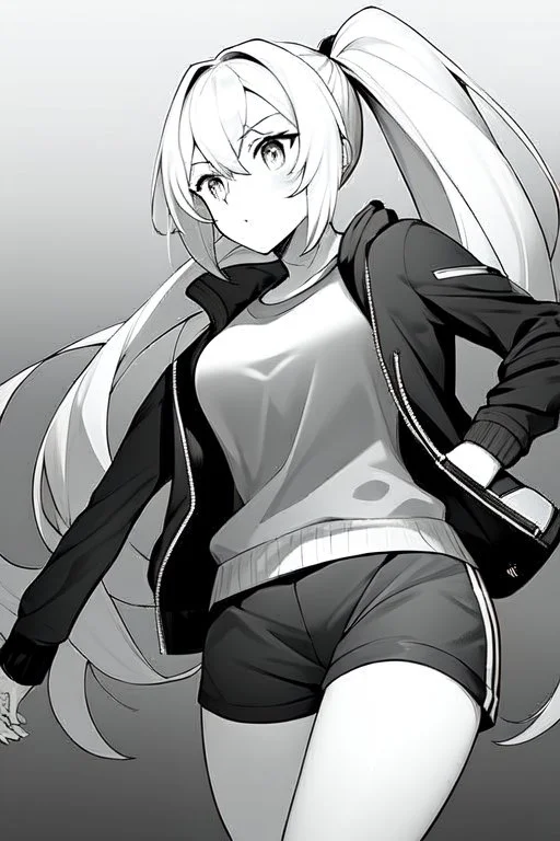 blonde girl with ponytails dressed in a jacket and shorts makes her way in the dark with a flashlight, greyscale