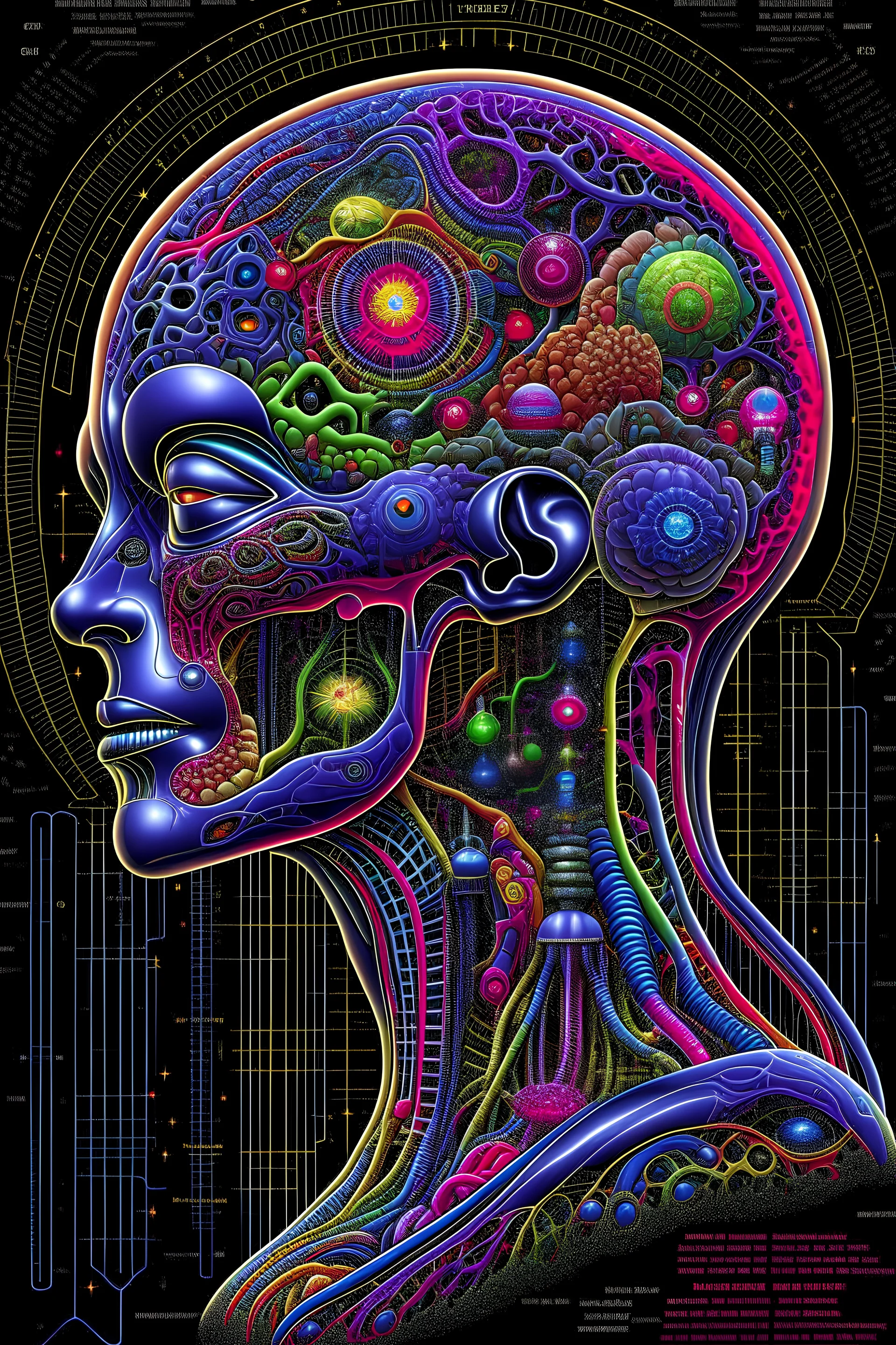 Fantasy00d Technical Diagram, Info graphic, Charts, of A Cosmic Anatomical Human Head, Info Graphic, Scientific, Data Diagram, Nervous System, Galaxy, Vibrant Colors, Midnight Aura, Ultra Detailed, H.R. Giger, Max Ernst, Thomas Kinkade, Robert Gonsalves, dark background