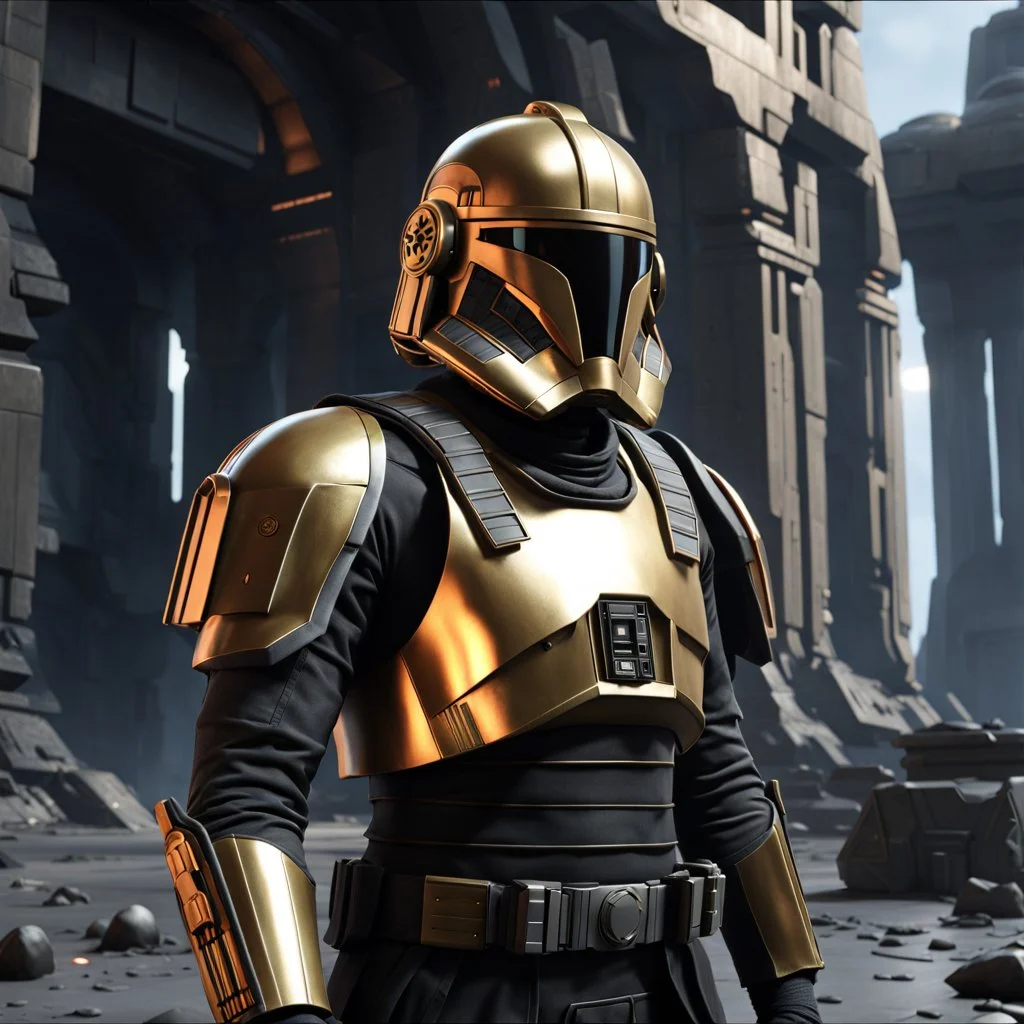 star wars bald male corellian pilot wearing pearlescent black and gunmetal grey First Order special forces heavy assault stealth commando armor and helmet with gold trim inside the jedi temple, hyperdetailed, dynamic lighting, hyperdetailed background, 8k resolution, volumetric lighting, light skin, fully symmetric details