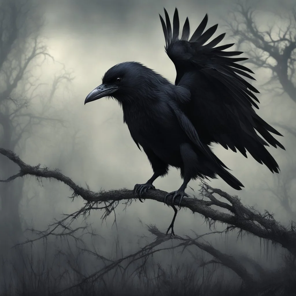 "Generate a high-resolution image of a very macabre crow. The scene should be set in dim, shadowy lighting, giving the atmosphere a dark and eerie feeling. The crow should have sinister, menacing features, with ragged feathers, sharp talons, and piercing eyes that glow faintly. Ensure that the background is ominous, perhaps with hints of fog or a moonlit graveyard, adding to the overall spooky ambiance. The entire image should convey a sense of dread and mystery." resolution 60k