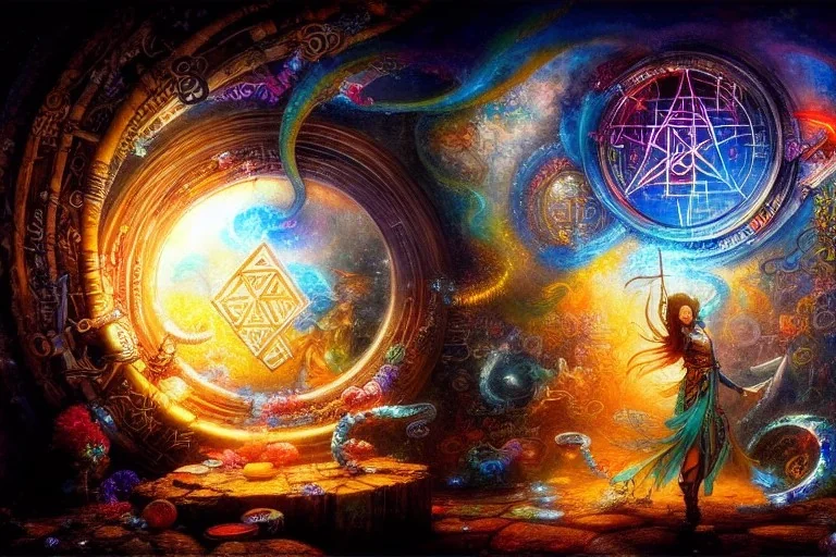 A hyperdetailed 16k resolution portal sealed by magical runes. by Huang Guangjian, Josephine Wall, Scott Naismith, epic. Fantasy, crisp, cinematic, meticulously composed