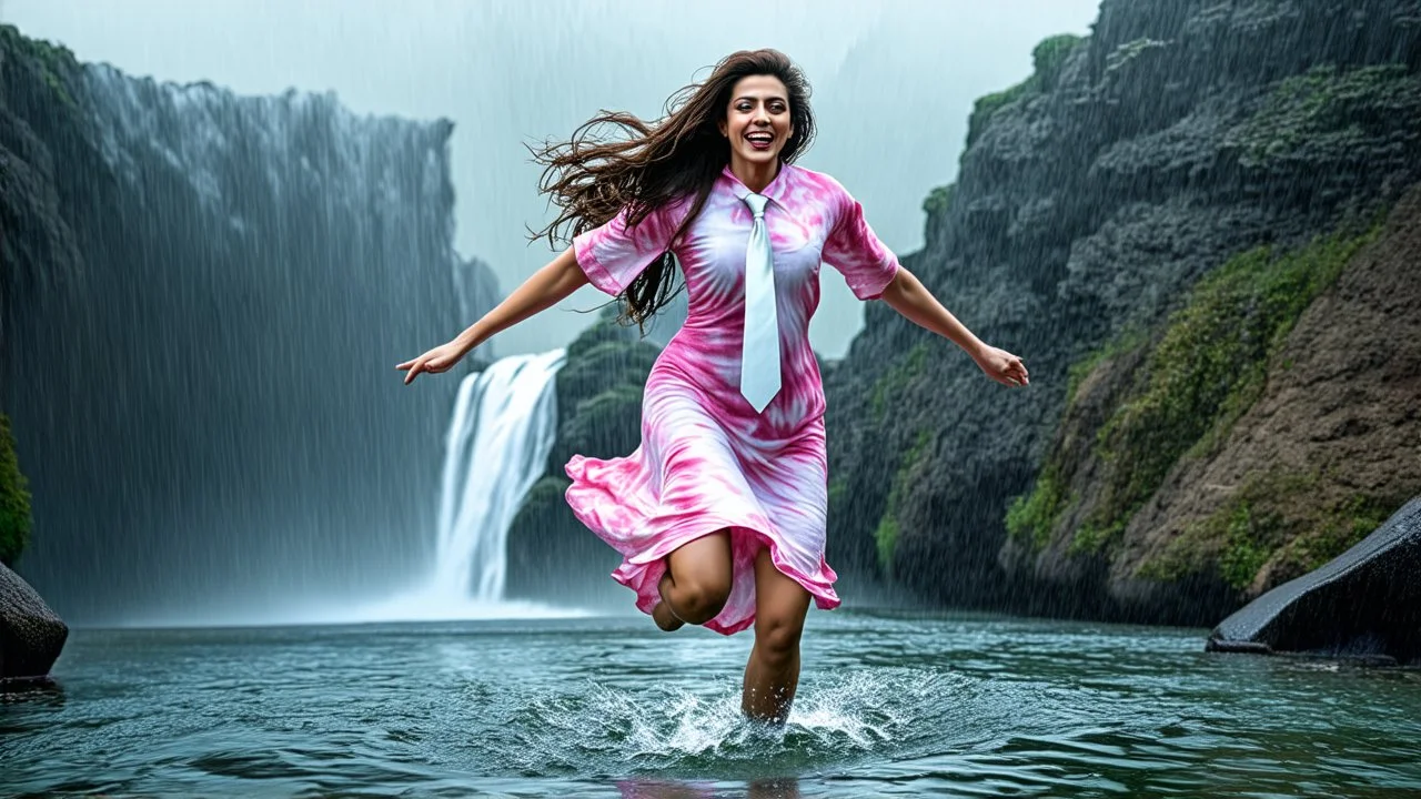 Hyper Realistic Photographic Close Shot Of A Beautiful Pashto Woman With Long Brown Wet Hair Wearing A White And Pink Tie-And-Dye Dress, Happily Jumping On A River Water And Enjoying Rain With A Beautiful Waterfall And Cloudy Weather At Heavy Rainfall Showing Dramatic And Cinematic Ambiance.