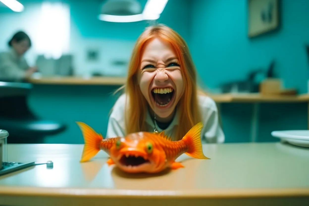 wide hd photo of a little gold fish, full body, smiling with her mouth open lying on the table in a medical context at the dentist. blood from her mouth stains her short white dress, room midle underwater,