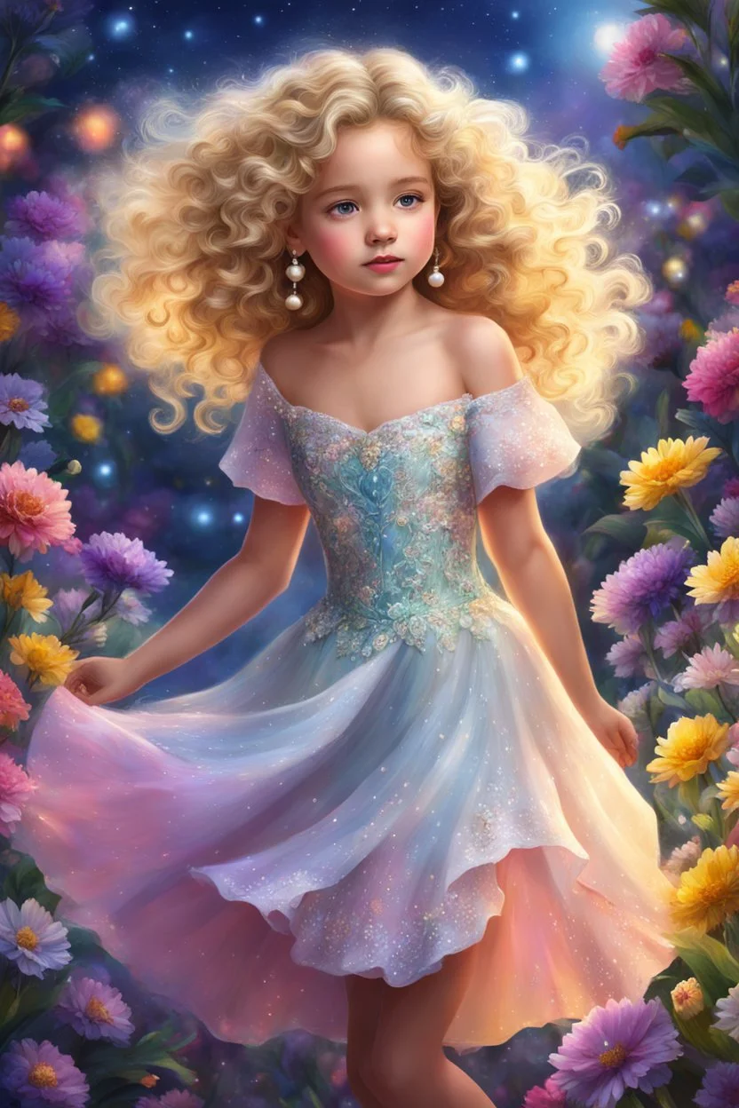 A girl with curly blonde hair and angelic eyes danced in the night amidst the colorful blooms of spring flowers, her pearl princess dress sparkling in the evening air, dispelling gloom with her beauty and grace. highly detailed, digital painting, beautiful, adorable digital painting, high quality, 4k