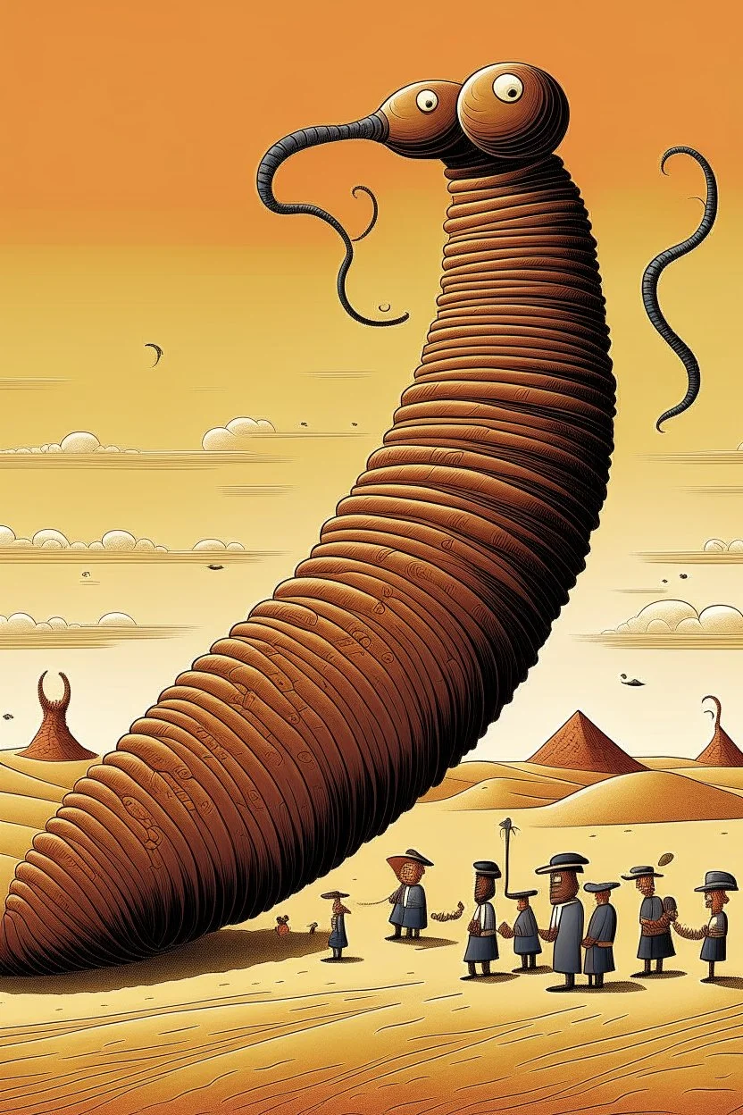 giant worm with pepe on the top smoking in the desert with small people around n the style of Hiroshi Nagai