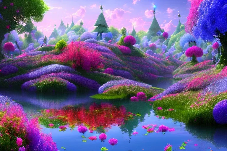 monde en fleurs, blue lake, flower tree-houses, concept art, crépuscule , fuksia bleu oranger, vibrant Color, réaliste, riviere bleu, tree-house bougainvillier, roses