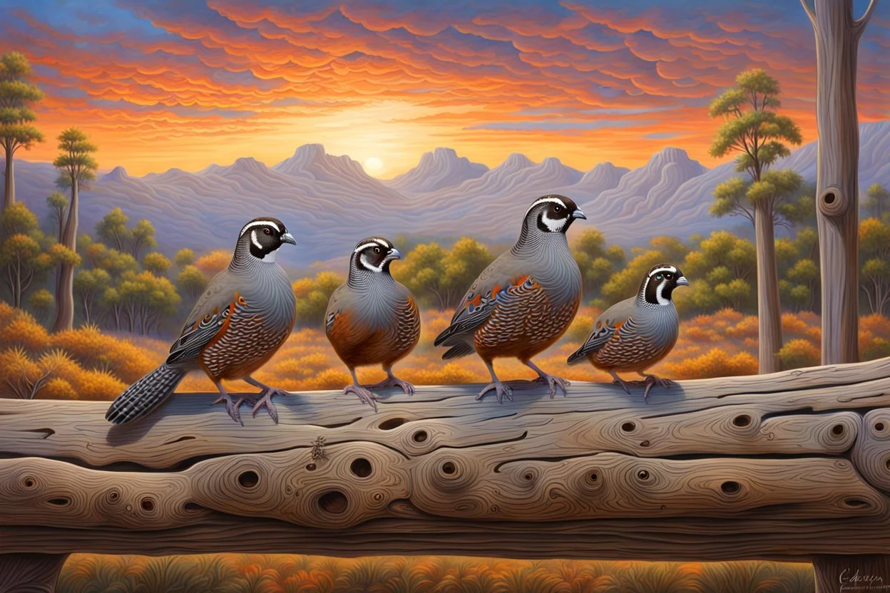 : A family of California quail (Callipepla californica) is out walking near an old log set against a colorful sky with clouds. The nature scene shows both the male and female both care for their offspring and takes place in nature with clean air, beautiful scrubs at the edge of a forest. Modifiers: elegant intricate beautiful award winning fantastic view ultra detailed Robert Bateman Carl Brenders Flo 'n Images Nancy Kaestner Hendry