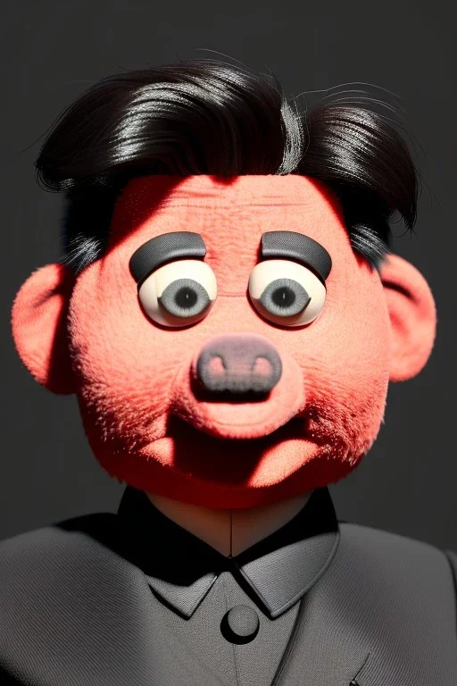 Waist up muppet Portrait, Kim Jong-un muppet doll, black suit, photo studio, red background, unreal engine 5, concept art, art station, god lights, ray tracing, RTX, lumen lighting, ultra detail, volumetric lighting, 3d.