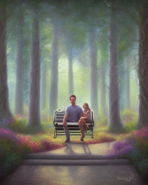 park mystical dream, park bench, man, woman, child, dog, trees, path, bird, sunshine, mystical, fantasy, romanticism, pastel colors, daylight, daytime, acrylic painting, detailed, soft focus,