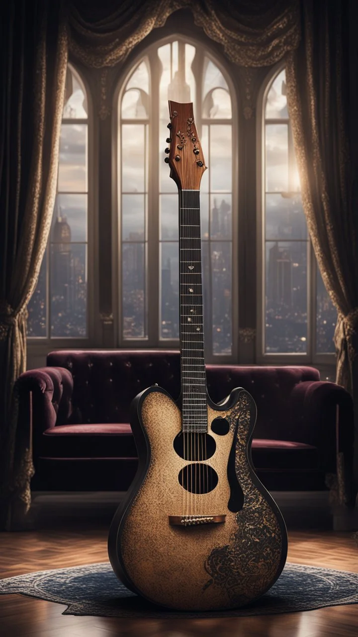 Hyper Realistic extremely-fancy-guitar standing on a floor of a fancy castle lounge with beautiful windows & velvet-curtains-with-musical-notes-printed-on-curtain at dark night with dramatic-&-cinematic-ambiance