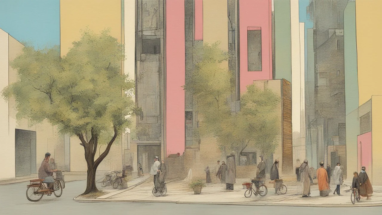 a modern street in Tehran with a tower. painting