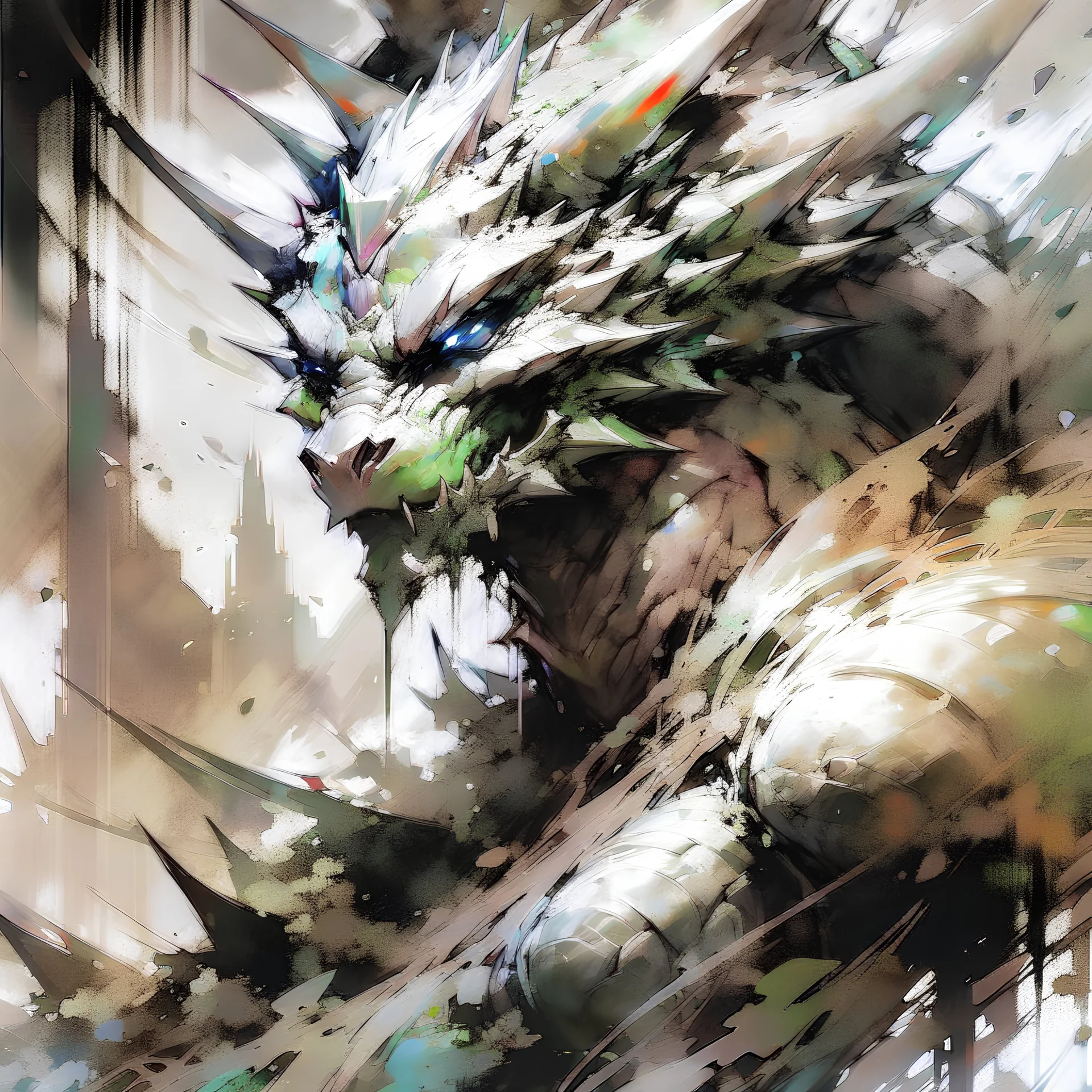 sketch-style painting of a dragon art by Yoji Shinkawa and Valeria Burzo large bats in the background