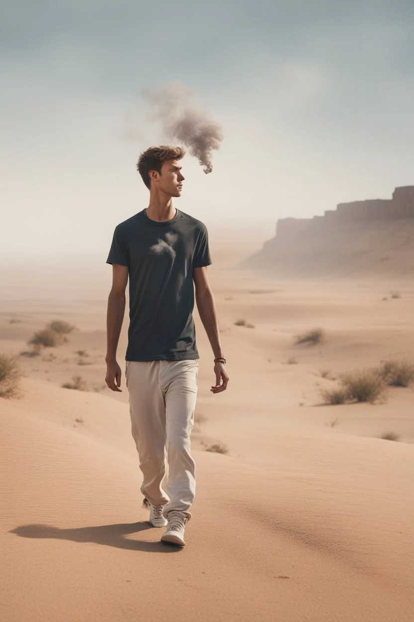 A 25-year-old boy in a men's sports t-shirt is walking in the desert thinking with his head down, smoking a cigarette, and possessing the power of a god