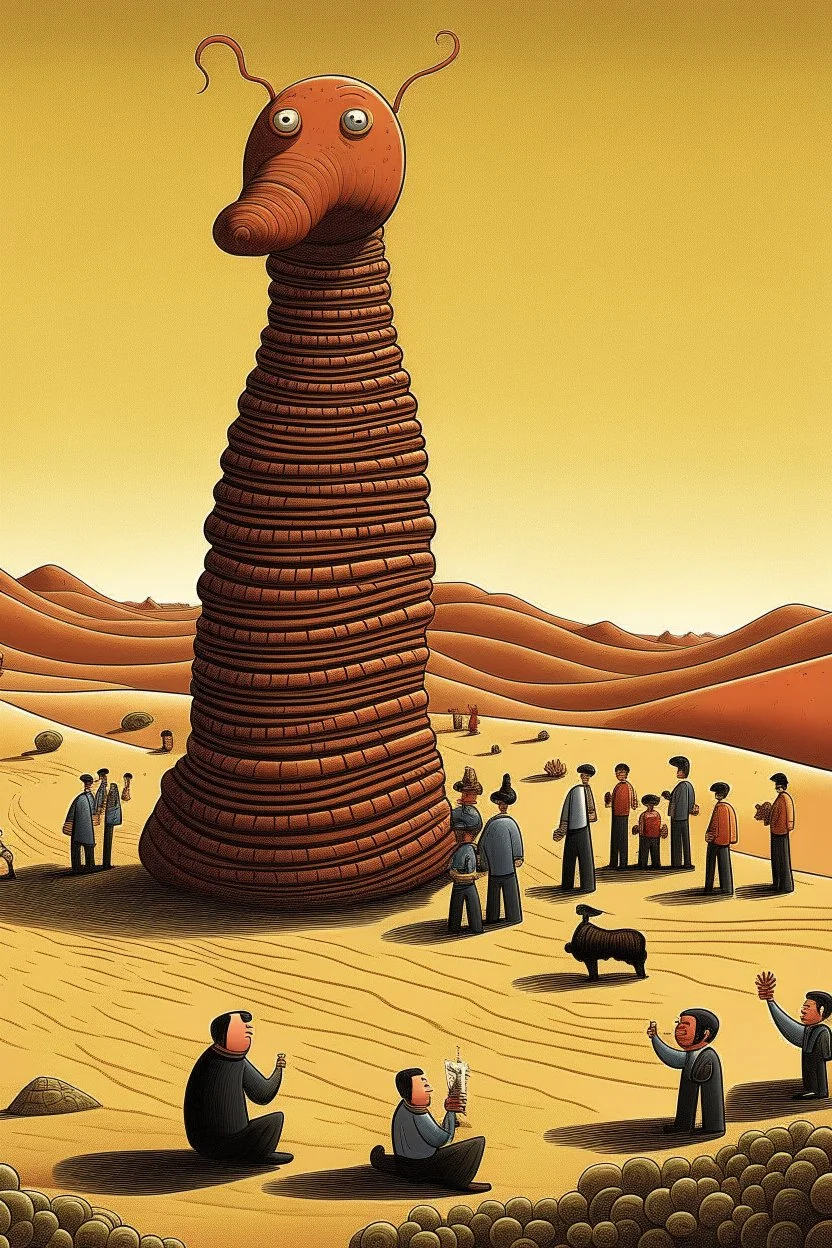 giant worm with pepe on the top smoking in the desert with small people around n the style of Hiroshi Nagai