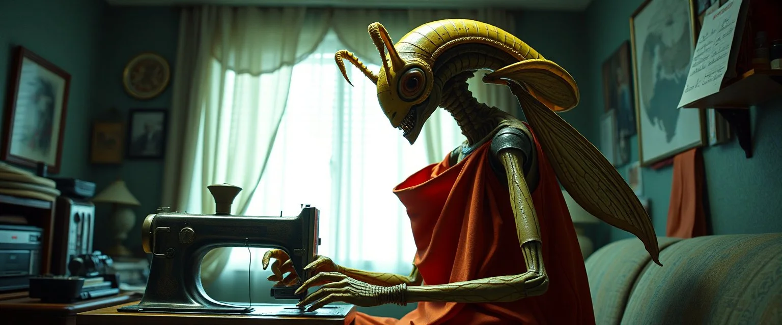Xixchil Insectoid alien surgeon covered in bizarre biological modifications and extra limbs. Sewing machine, banana Keeps offering completely unnecessary “improvements.” in 2030s apartment and clothes