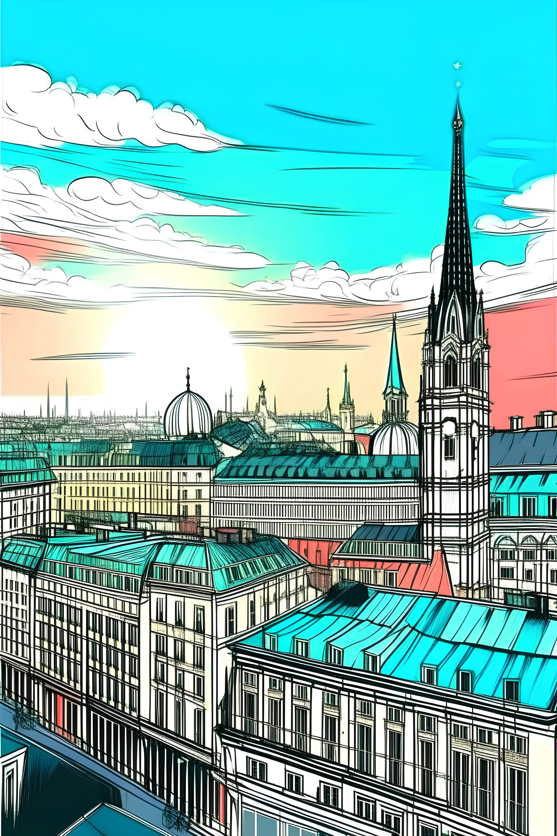 romantic cityscape vienna, comics style