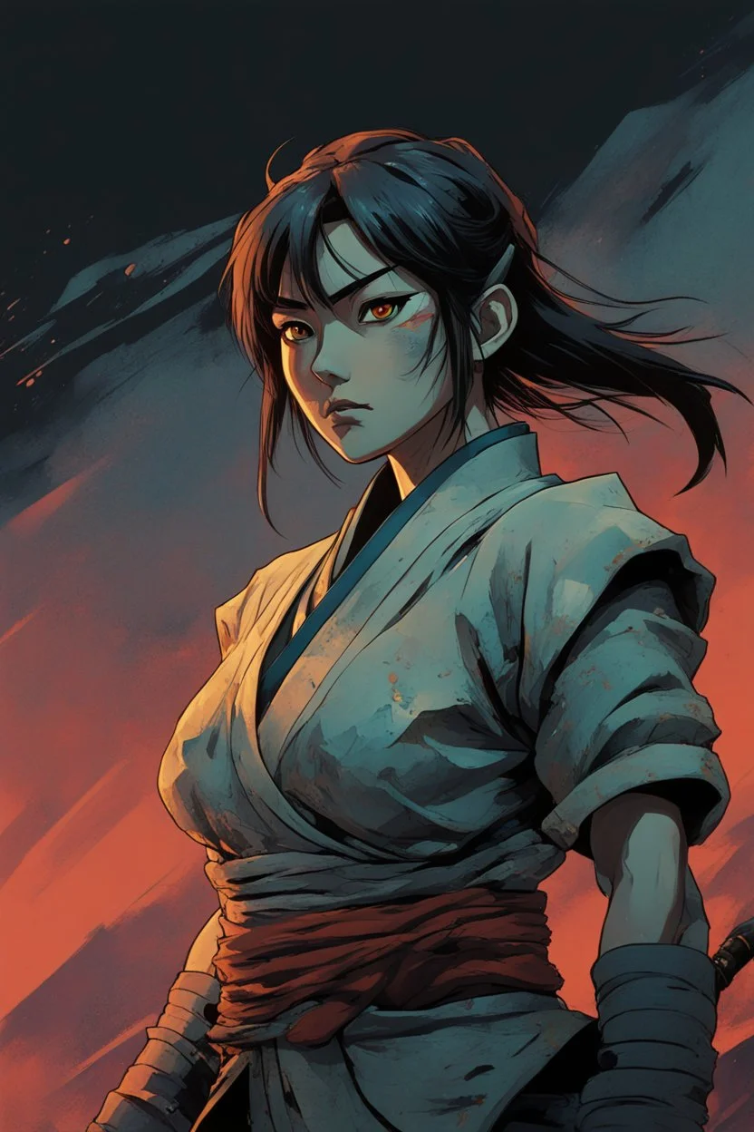 Original anime Japanese female kungfu warrior main character . Studio ghibli style mixed with Frank Frazetta. Mobius style background. Iconic character design. Dynamic silhouette . Unique features. Make the eyes the focal point. Dystopian sci-fi . Stone cold killer. Brilliant use of color theory and cinematic lighting. cubism style