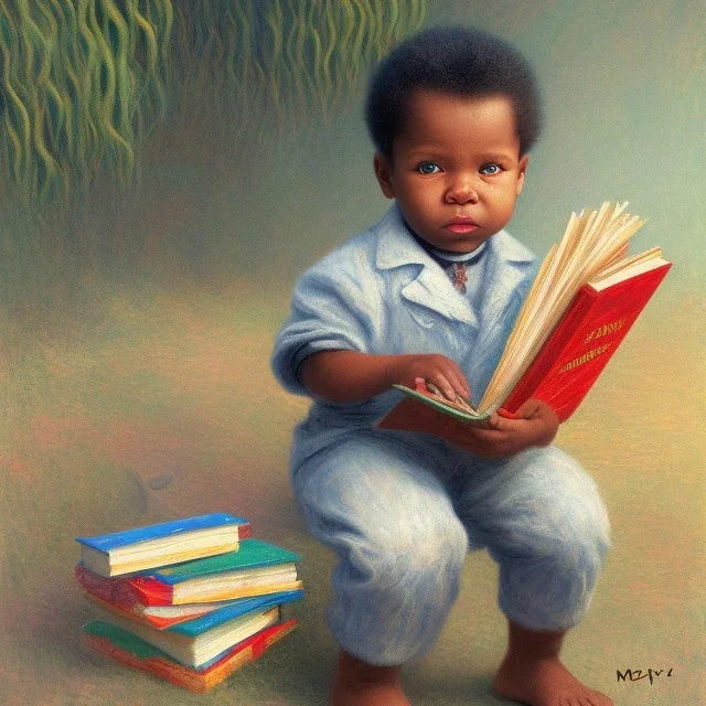 African American baby boy inventor with books by monet