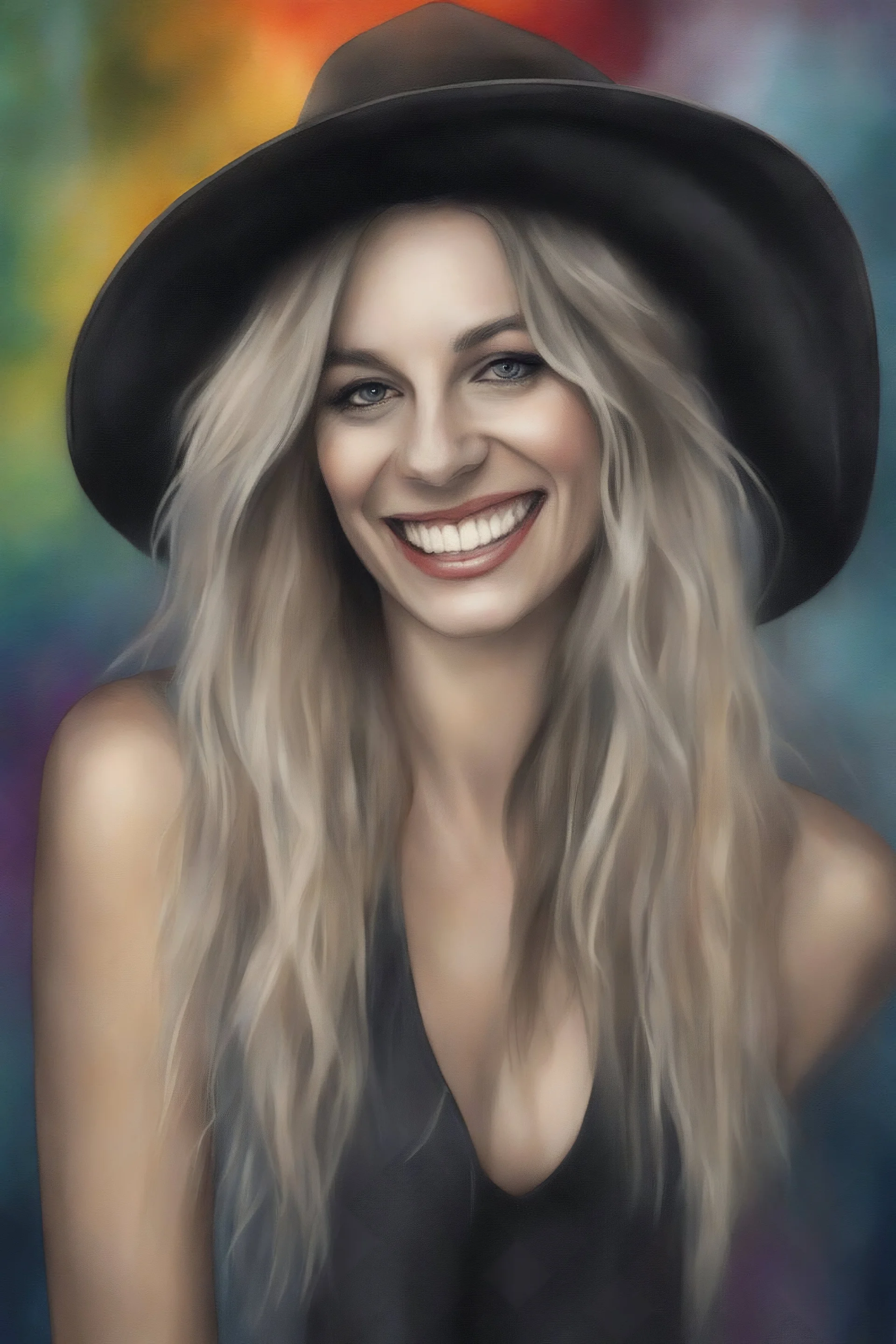 head and shoulders portrait, Miss Motley Crue - Smiling, a multicolored watercolor stained wall in the background, 4k, 8k, 32k UHD, Hyper realistic, extremely colorful, vibrant, photorealistic, realistic, sharp, highly detailed, professional quality, awesome, majestic, superb, trending on artstation, Cinematic, Real, Life like, Highly detailed, sharp, focused, fantastic