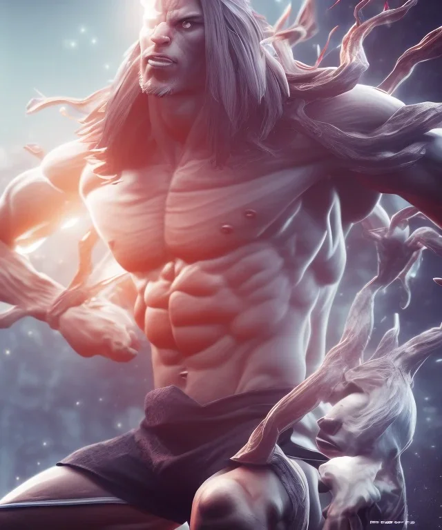 avatar, goku, white and purple lines hair, fighting pose, muscular body, shirtless, volumetric details, hyper realism, unreal engine 5