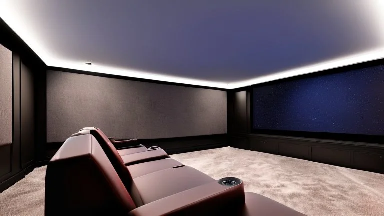 Generate an image of a sleek home cinema with our top-notch projectors and surround sound systems with a star-lined ceiling similar to a Rolls Royce in a high-rise penthouse