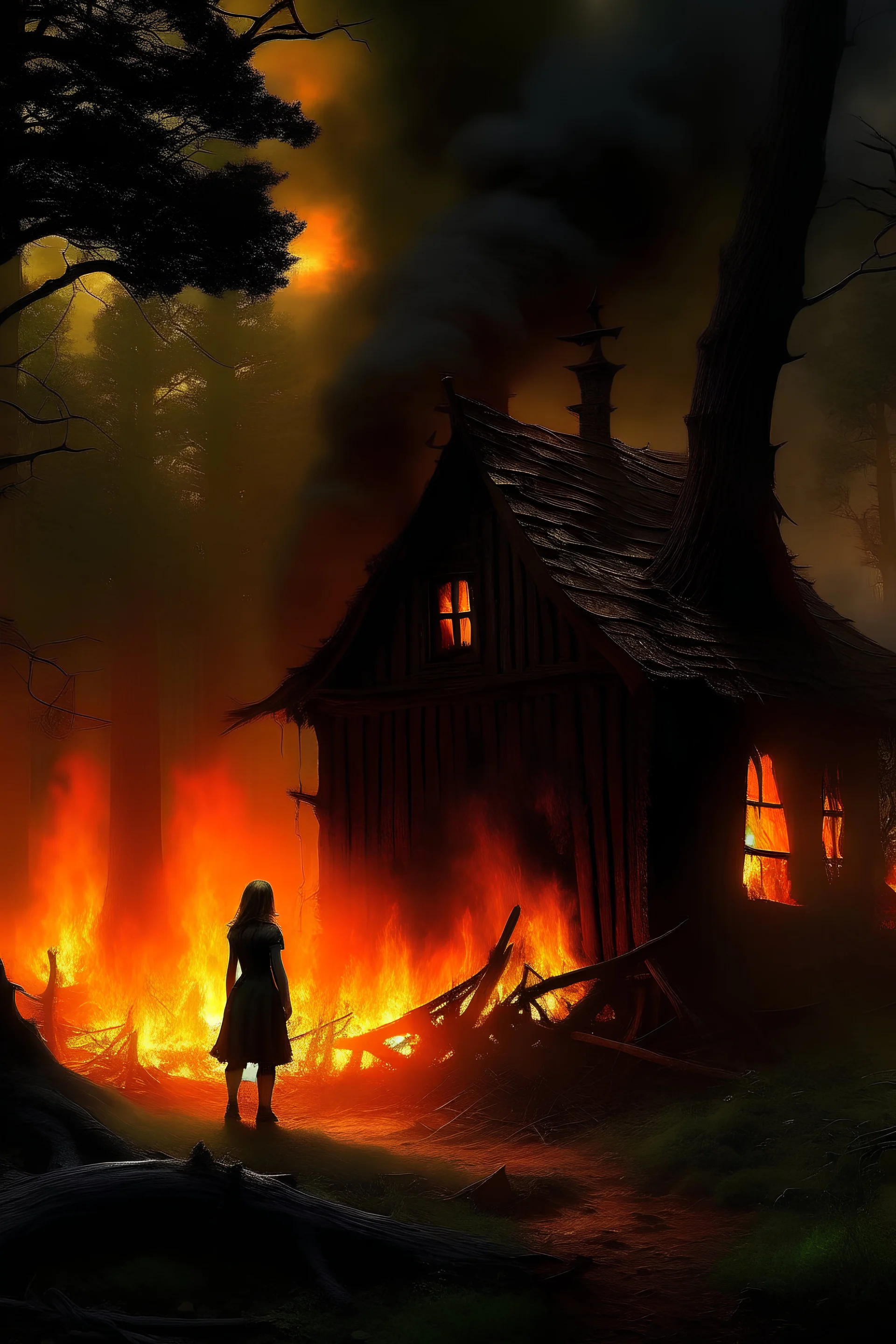 In the heart of a dense, ancient forest, a medieval cottage stands engulfed in flames, its timeworn timbers crackling and sending plumes of smoke into the sky. In the foreground, a mysterious woman in silhouette stands, her figure outlined by the fiery inferno behind her. Write a scene that unveils the secrets hidden within this blazing spectacle and explore the emotions coursing through the woman as she watches her home succumb to the relentless fire.