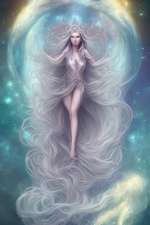 Create an image of a full body cosmic Goddess. The goddess should be depicted as a beautiful and powerful figure, surrounded by cosmic stars. Her hair should be long, blond and flowing, and she should be dressed in a flowing gown blue celestial robe. In the background, include imagery of pink flowers, blue sky,trees. The image should evoke a sense of joy, celebration, and spiritual connection to nature.