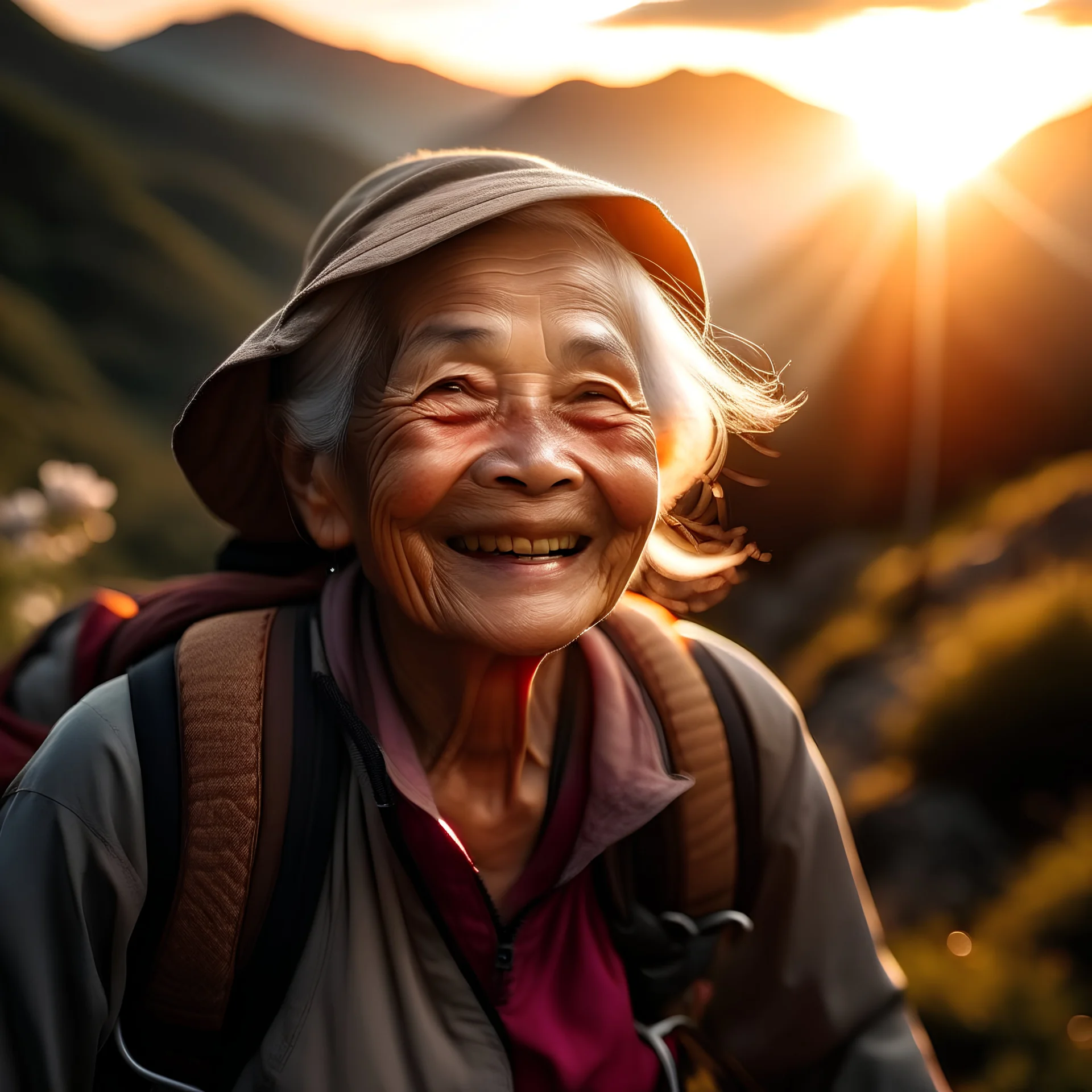 an old woman with big smile go hiking and see the sun rise