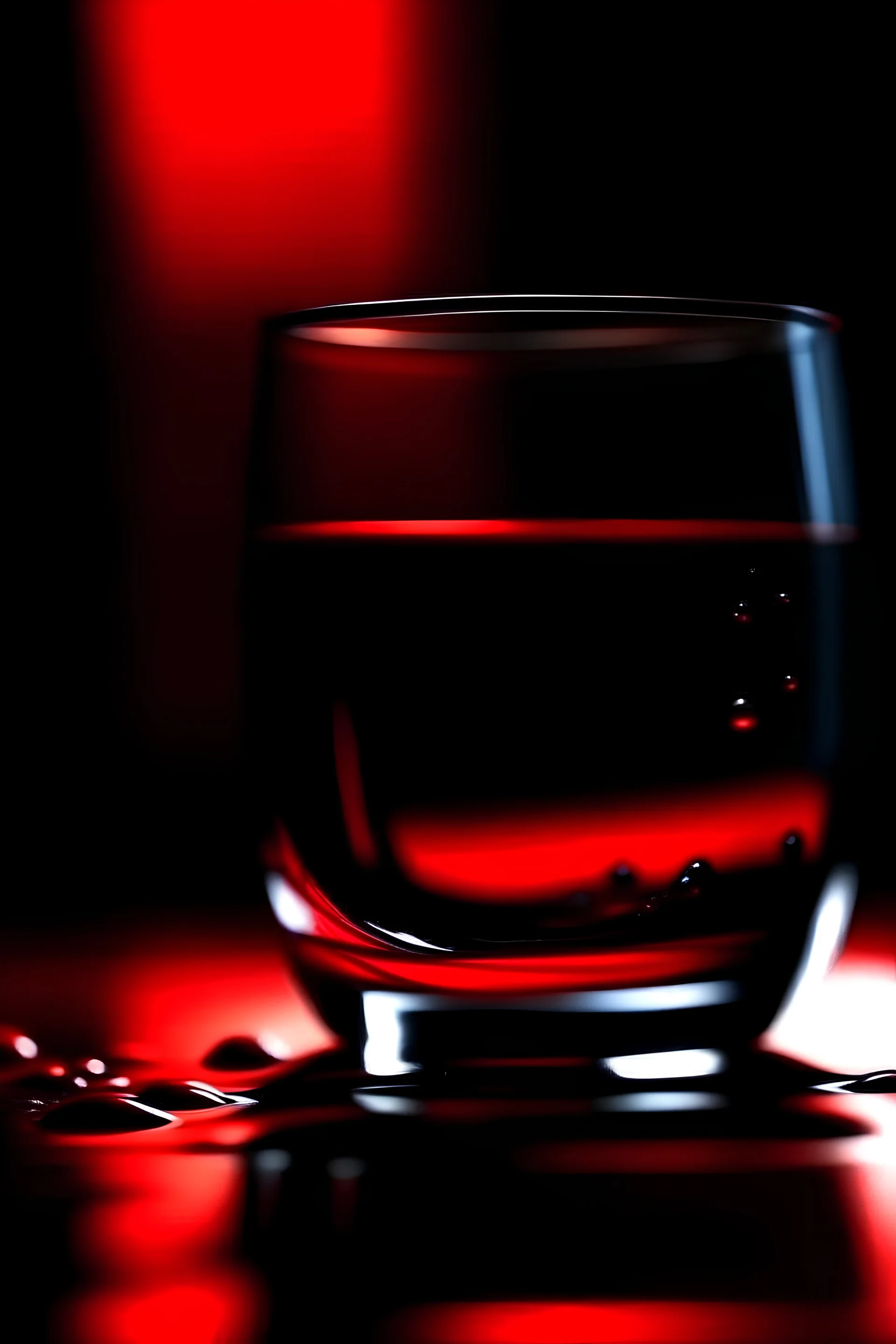 REALISTIC. BLACK RED ON GLASS AND RED WATER. CLOSE UP. Blury DARK room BACKGROUND. REALISTIC