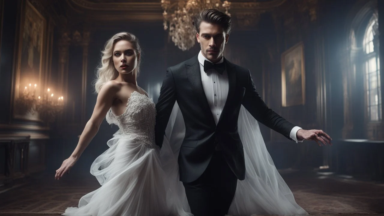 Hyper Realistic close-up-view-of-handsome-muscular-man-in-black-tuxedo dancing with a beautiful-ghost-of-a-women-in-torn-white-gown inside a super-dark-fancy-hall-of-a-mansion with creepy flying-ghosts behind showing dramatic & cinematic ambiance