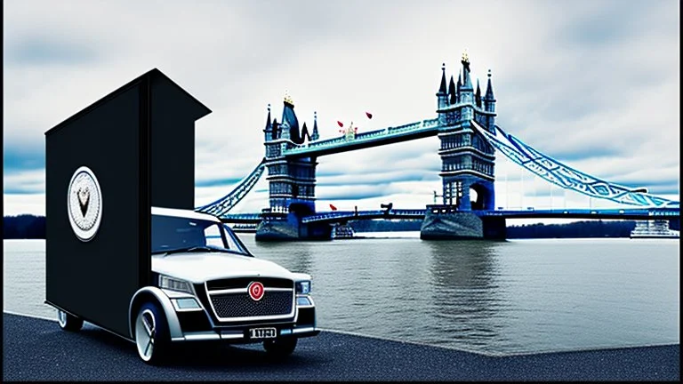 A Tesla semi-truck is parked, near the 'Tower Bridge', in London. CINEMATIC. WIDE ANGLE LENS.