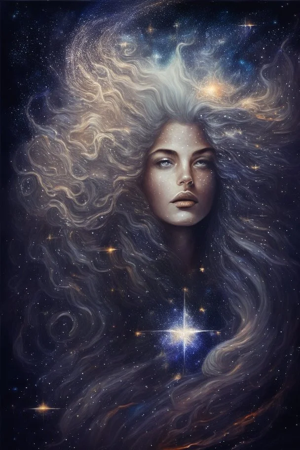 Kobieta Piekna polaczony z kosmosem I muzyka portrait of a powerful, celestial figure, with flowing, star-studded hair and eyes that contain entire galaxies, set against a cosmic backdrop.