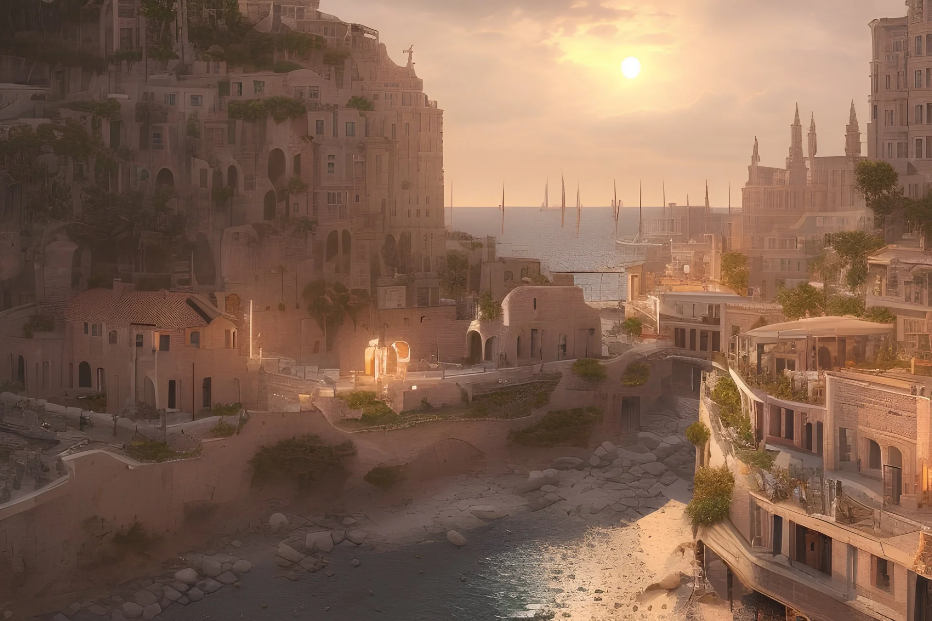 image taken of jaffa, by the sea shore, old stunning buildings, 4k, masterpice, award wining picture, realistic, higly detailed, in style of city of numemor from lord of the rings,