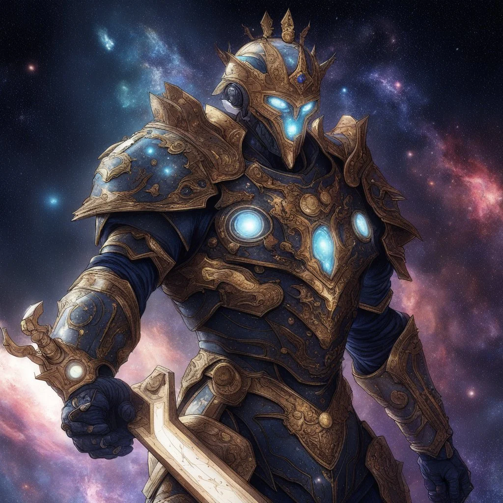 A battle suit made of galaxies and stars with a glove that has seven endless stones Battle armor from the extract of galaxies Battle armor from the extract of galaxies with a fiery sword ,God-like man with infinite power who owns the galaxies and wears a beautiful crown