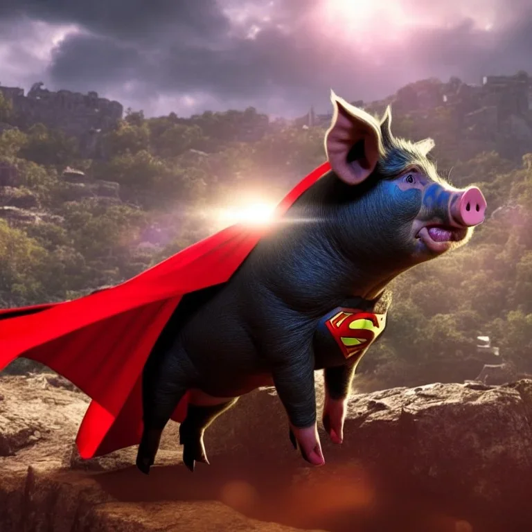 pig wearing a superman cape, zombies that climb up a mountain in the background, realistic, movie style