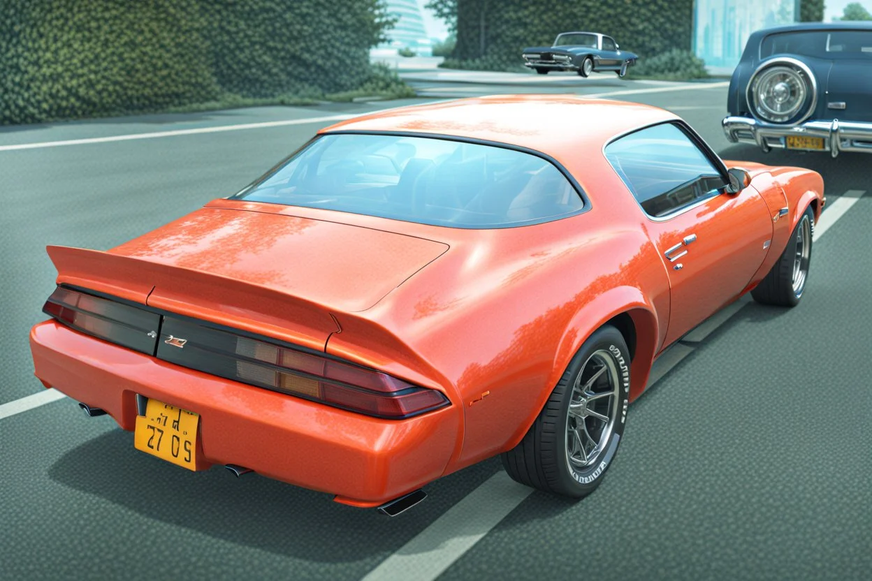 Fotorealistisch 1980 Chevrolet Camaro Z28 brandneu orange Heckansicht