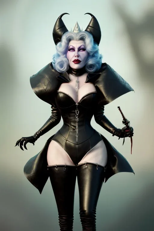 Mae West as evil queen in black leather, leather, busty, cleavage, angry, stern look. character design by cory loftis, fenghua zhong, ryohei hase, ismail inceoglu and ruan jia. unreal engine 5, artistic lighting, highly detailed, photorealistic, fantasy