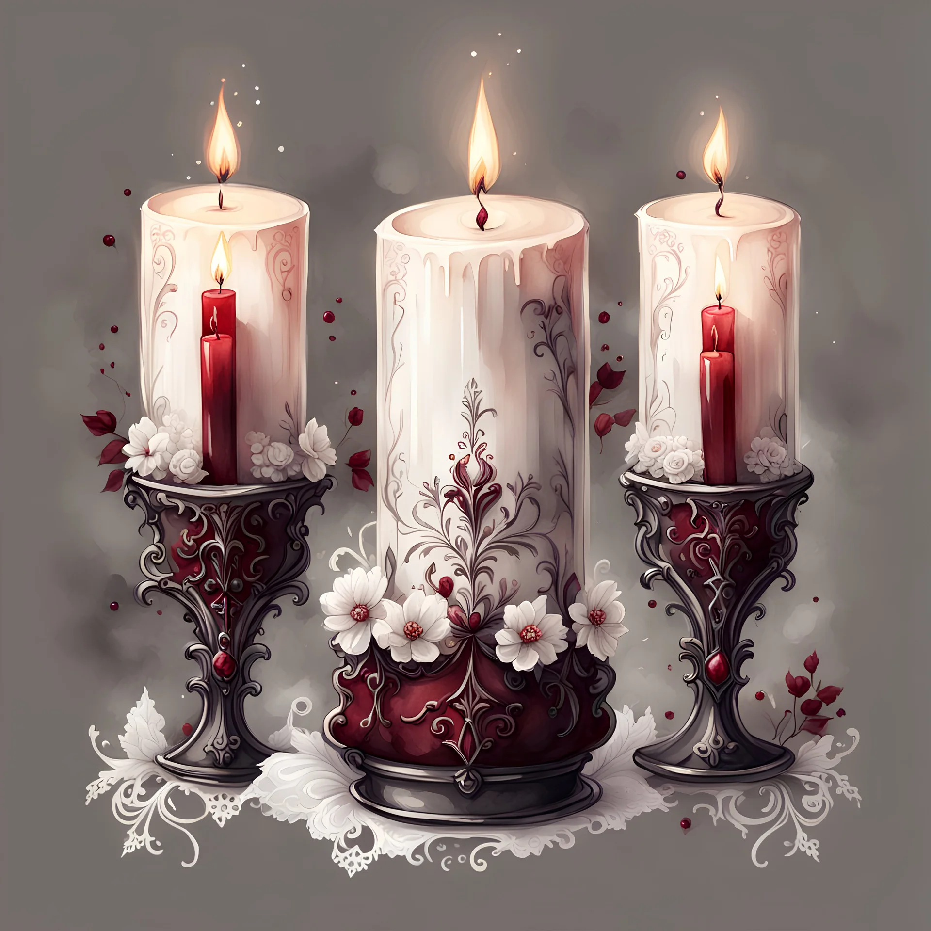 watercolor draw gothic vintage candles, dark red with flowers, white lace and rubies, white background, Trending on Artstation, {creative commons}, fanart, AIart, {Woolitize}, by Charlie Bowater, Illustration, Color Grading, Filmic, Nikon D750, Brenizer Method, Side-View, Perspective, Depth of Field, Field of View, F/2.8, Lens Flare, Tonal Colors, 8K, Full-HD, ProPhoto RGB, Perfectionism, Rim Lighting, Natural Lightin